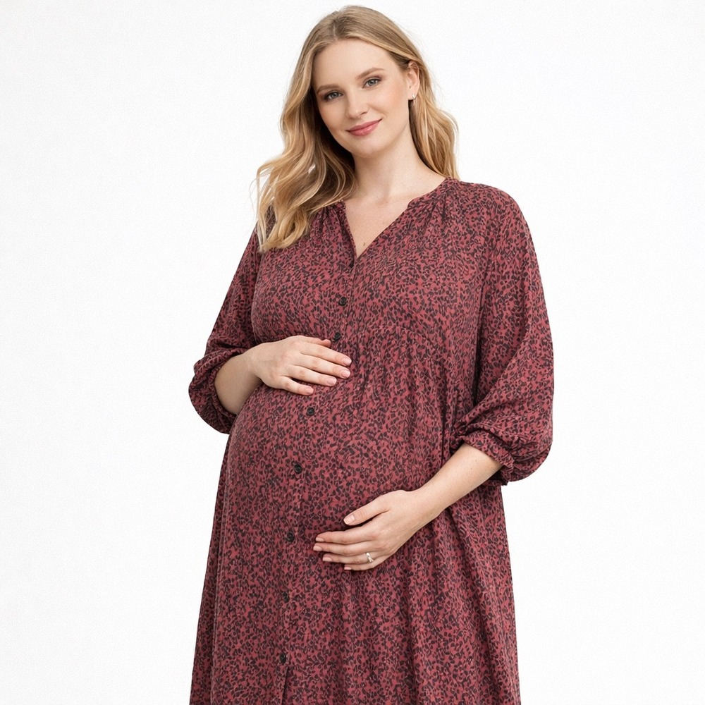 The Nines by Hatch Women Medium Maternity Dress Burgundy Animal Print Midi Boho